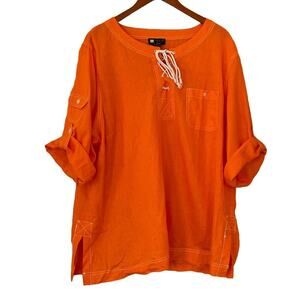 Carole Little Linen Blend Bright Orange Lace Up Roll Tab Tunic/Cover Up/Beach 3X